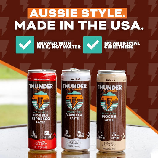 Aussie-style, made in the USA: Thunder CoffeeMilk Double Espresso, Vanilla, and Mocha cans, brewed with milk not water and no artificial sweeteners