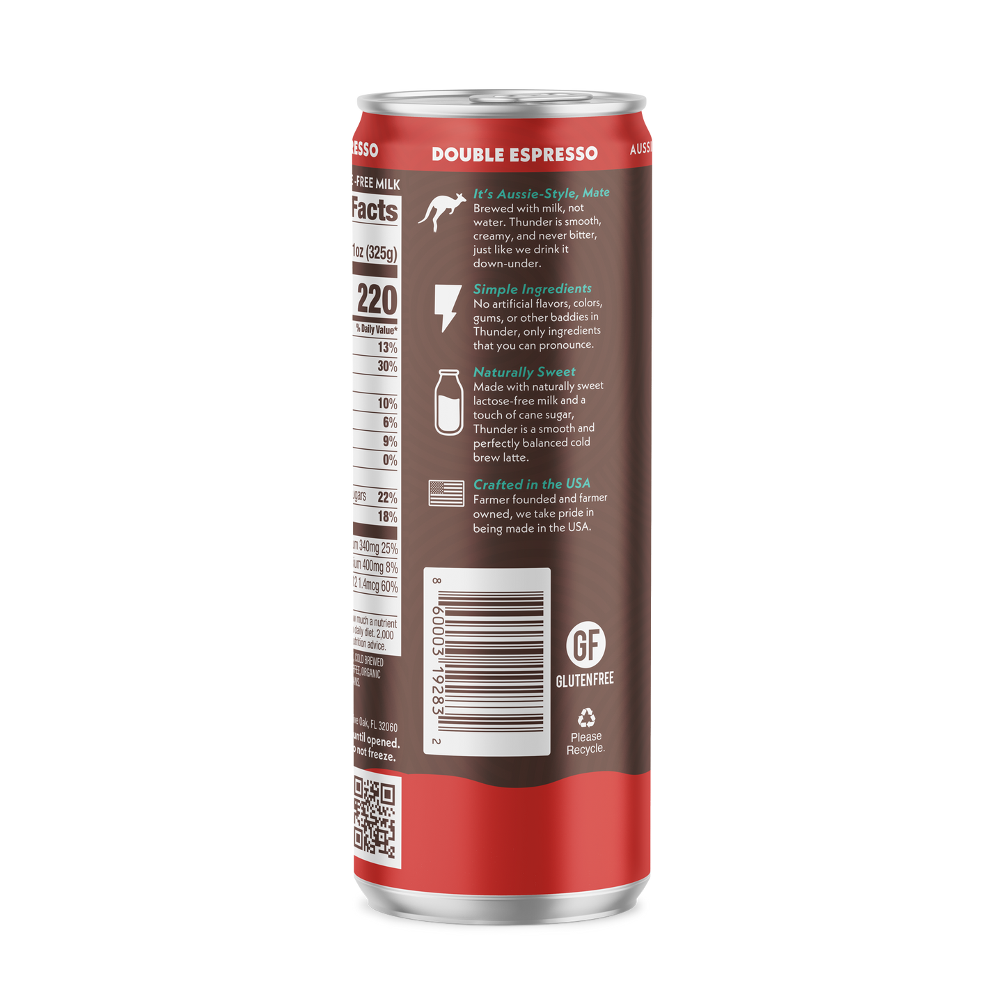 Side of the Thunder CoffeeMilk Double Espresso Latte can showing ingredients, storage information, and barcode