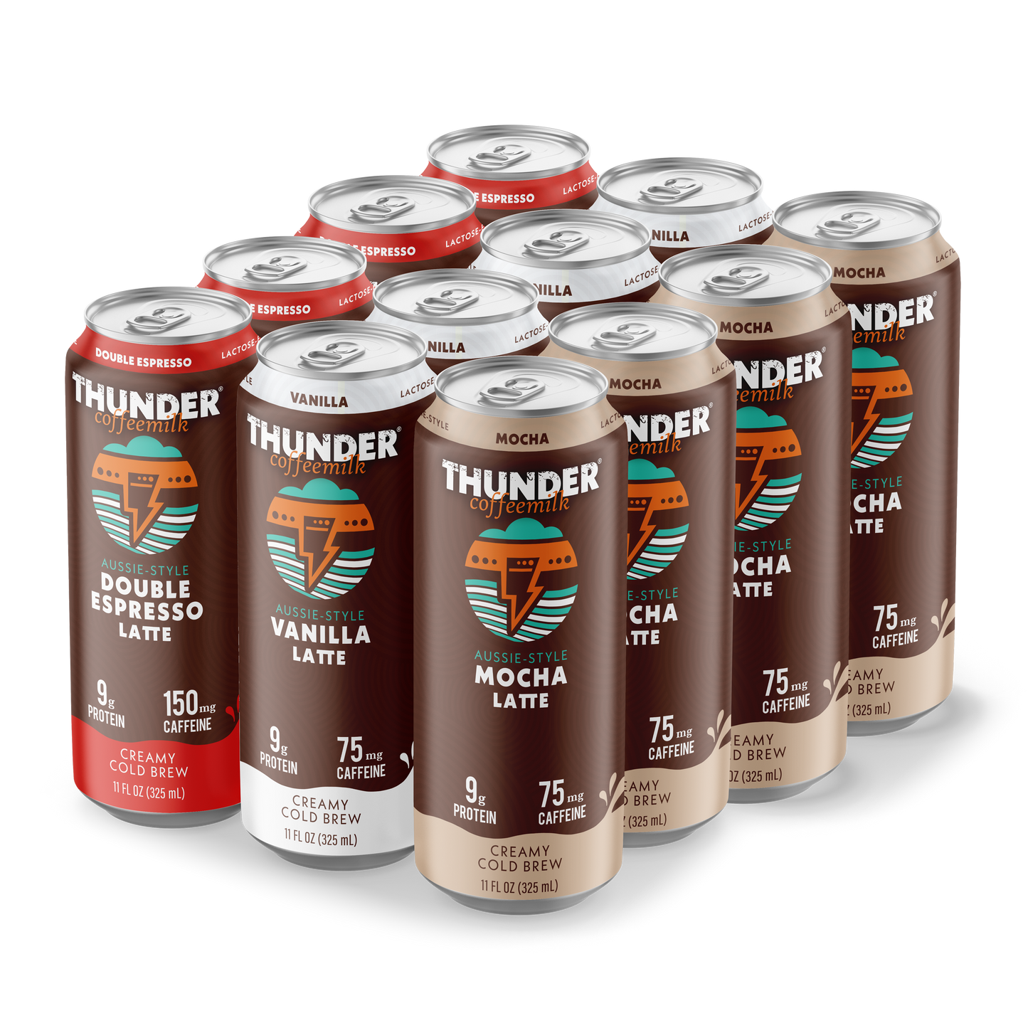 Thunder CoffeeMilk Variety 12-Pack box with Double Espresso, Mocha, and Vanilla lactose-free coffee milk cans