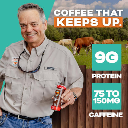 Coffee that keeps up: a rancher holding a Thunder CoffeeMilk can in a cattle field, highlighting 9g protein and 75 to 150mg caffeine