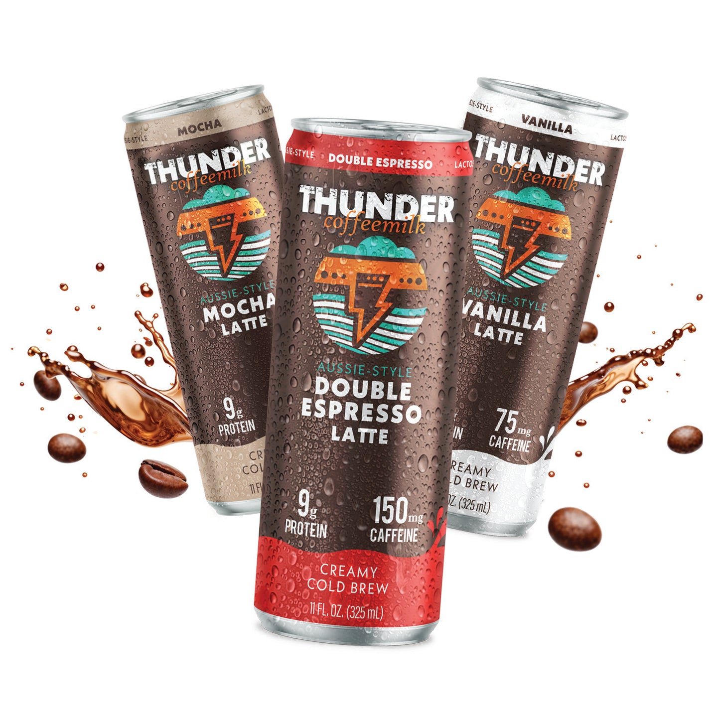 Thunder CoffeeMilk Mocha, Double Espresso, and Vanilla cans with a coffee splash and beans, showing 9g protein and 75 to 150mg caffeine