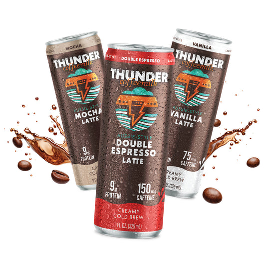 Thunder CoffeeMilk Mocha, Double Espresso, and Vanilla cans with a coffee splash and beans, showing 9g protein and 75 to 150mg caffeine