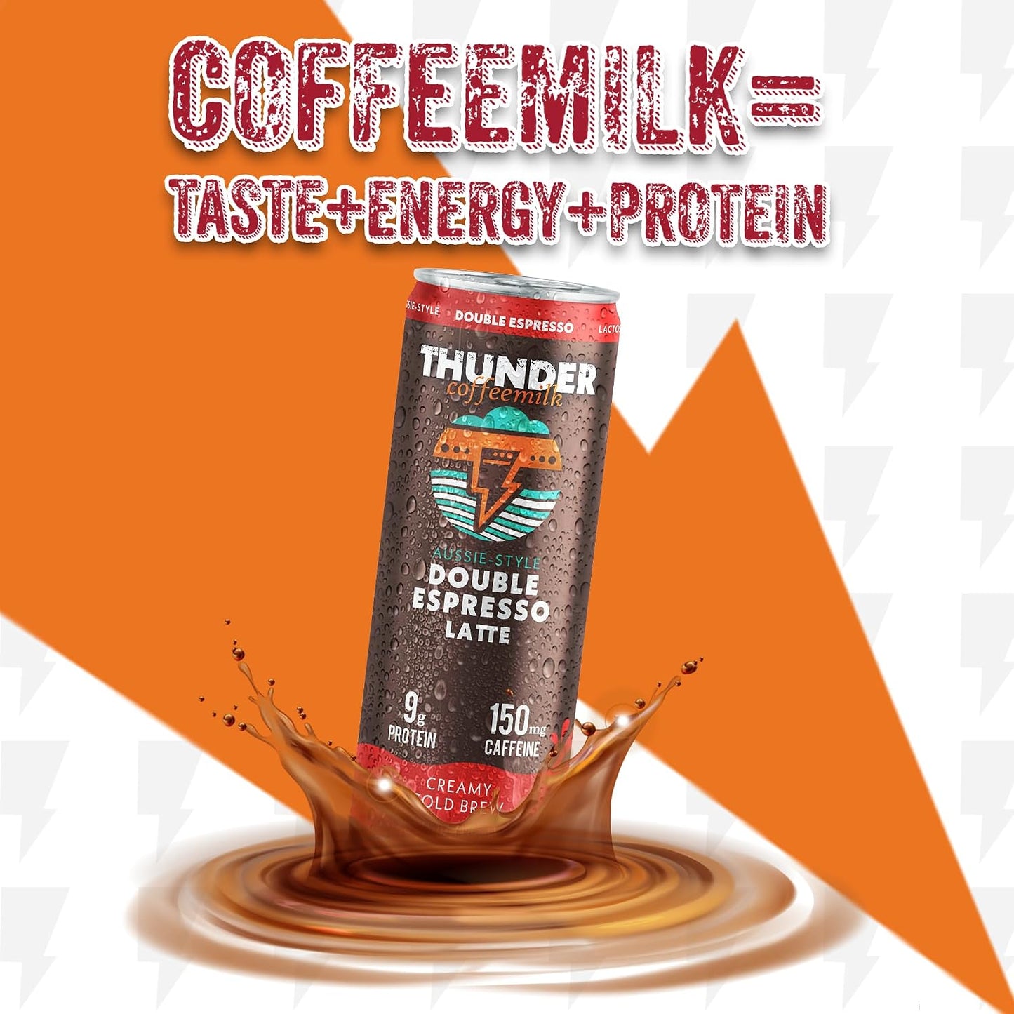 Thunder CoffeeMilk Double Espresso Latte can on an orange background with the tagline "Coffeemilk = taste + energy + protein"