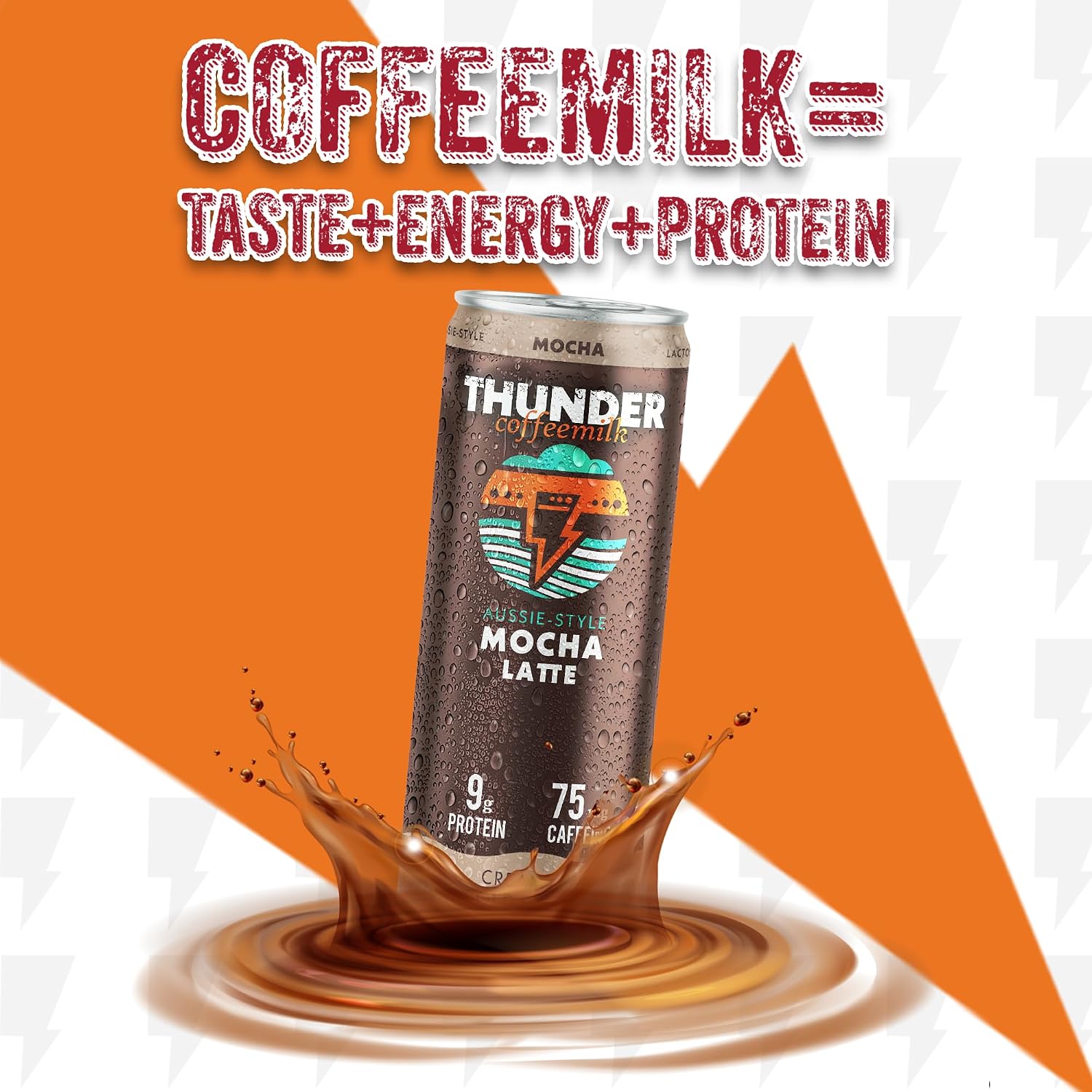 Thunder CoffeeMilk Mocha Latte can on an orange background with the tagline "Coffeemilk = taste + energy + protein"