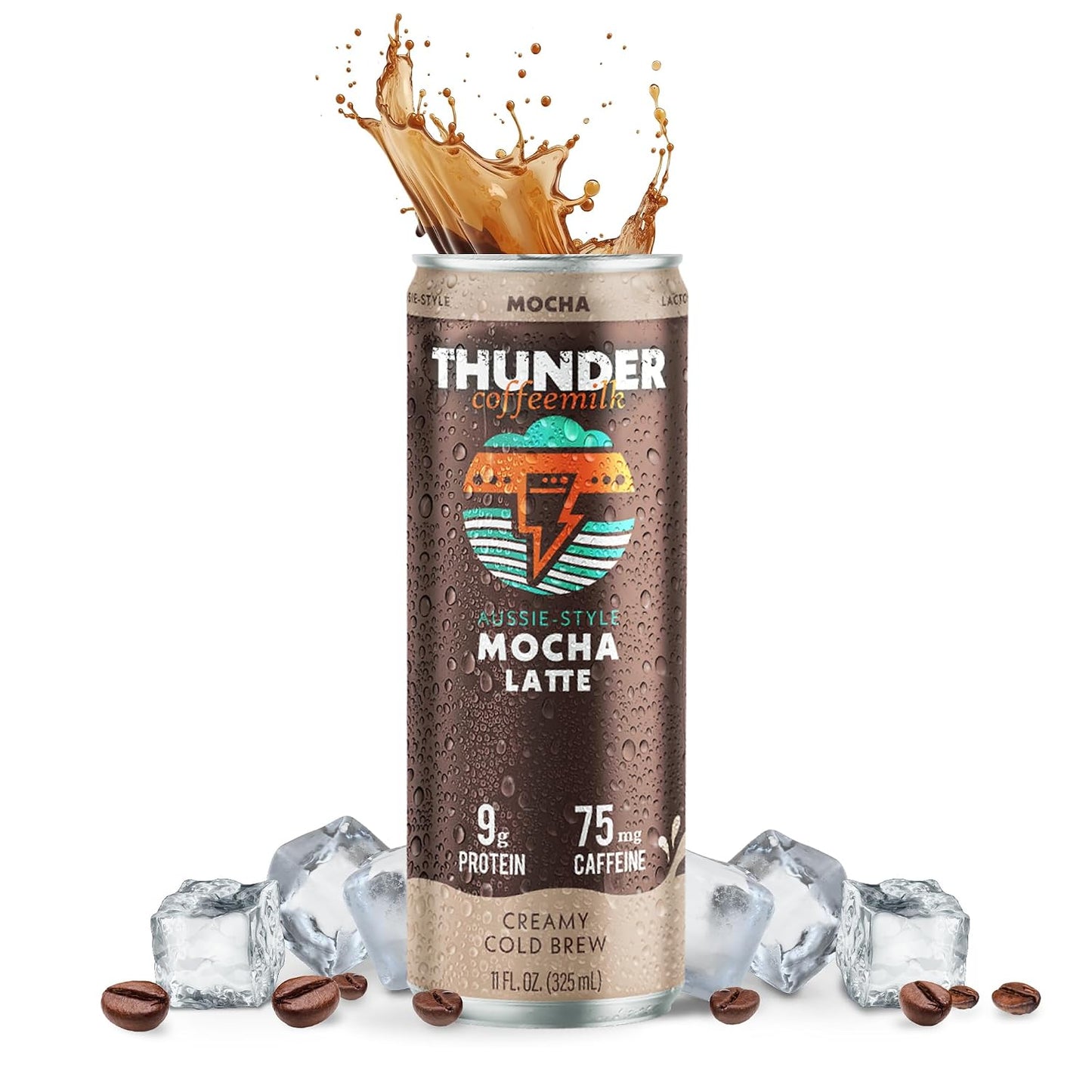 Thunder CoffeeMilk Mocha Latte can with a coffee splash pouring out, on ice with coffee beans, 9g protein and 75mg caffeine