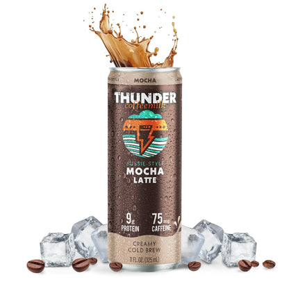 Thunder CoffeeMilk Mocha Latte can with a coffee splash pouring out, on ice with coffee beans, 9g protein and 75mg caffeine