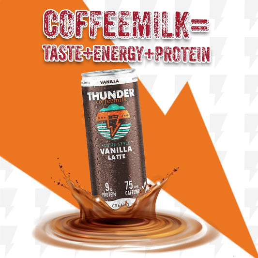 Thunder CoffeeMilk Vanilla Latte can on an orange background with the tagline "Coffeemilk = taste + energy + protein"